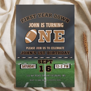 First Year Down Birthday Football Themed Birthday Invitation Template, 5x7 Football Birthday Invitation, Editable Invitation, Canva Template