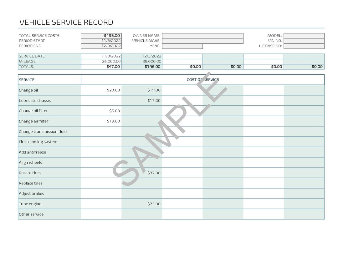 Vehicle Service Record Vehicle Maintenance Log Vehicle Etsy