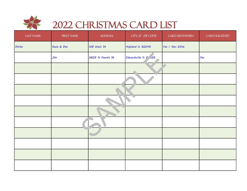 Christmas Card Tracker Printable Christmas Card Checklist Holiday Card