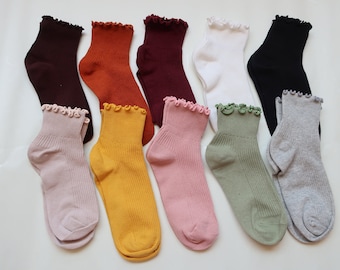 Cute Boho Cotton socks in Pastel Color  Ruffle Cuff Ankle Socks