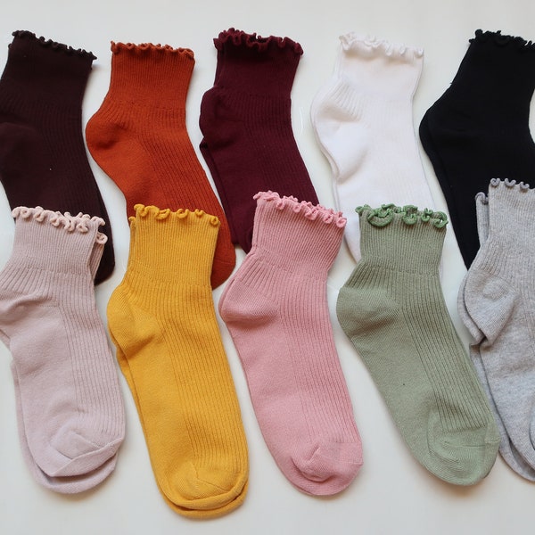 Cute Boho Cotton socks in Pastel Color  Ruffle Cuff Ankle Socks