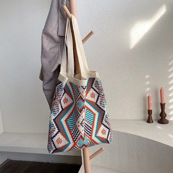 Bright Geometric Pattern Crochet Knit Tote Shoulder Bag