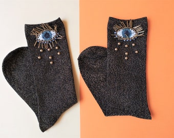 Evil Eye Fashion Socks with Metallic Glitter Bead Rhinestone Embellishment