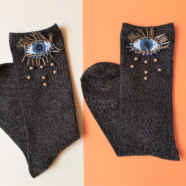 Evil Eye Fashion Socks with Metallic Glitter Bead Rhinestone Embellishment