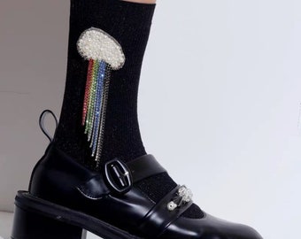 Cloud Rainbow Fashion Socks Black Metallic Glitter Fashion Sock with Rhinestone Decoration Display Only