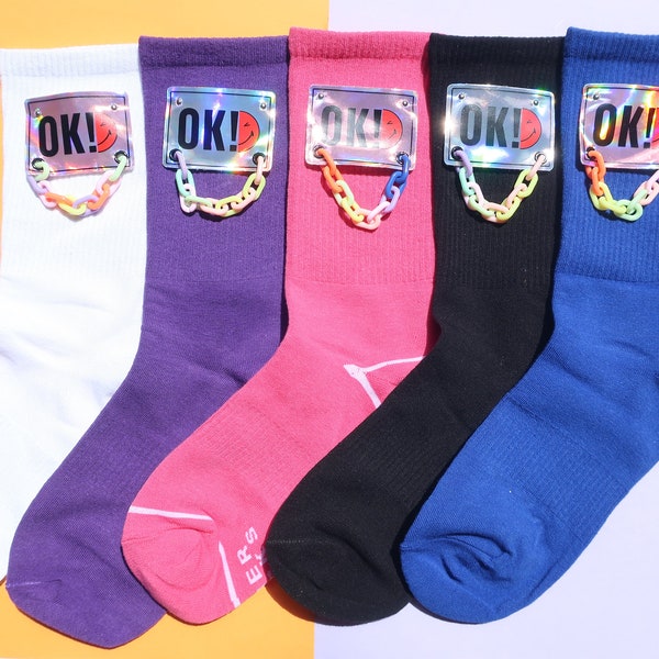 Super Cool Neon Color Unisex Crew Socks with Chains | Fun Hip Streetswear Bright Cotton Socks for Skaters, Teens, Youth