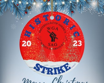 Adorno navideño de recuerdo de la huelga sindical histórica de WGA-SAG, regalo memorable para colgar en su árbol navideño, escritores y actores se ponen de pie