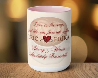 Taza de café personalizada – Love Is Brewing, bicolor, 15 oz