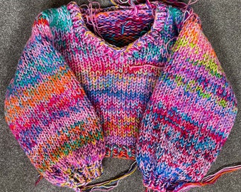 Monster V-Neck Sweater | Beginner Knitting Pattern | Downloadable pdf | Scrap Yarn | Chunky Knit