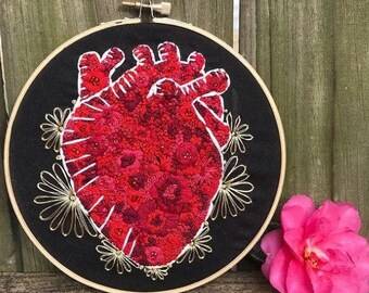 Anatomical Heart Hand Embroidery Piece- Abstract Wall Art, Decoration