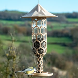 May include: A beige bird feeder with a hexagonal design, filled with seeds, hangs outdoors. A small bird with yellow, black, and white feathers perches on the feeder, eating seeds. The background features green hills and a blue sky.