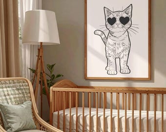 Stampa di un gatto con occhiali da sole a forma di cuore / Decorazione per la casa di tendenza (Download digitale)