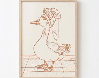 Goose in Towel Print: Quirky Bathroom Animal Illustration (Digital Download)