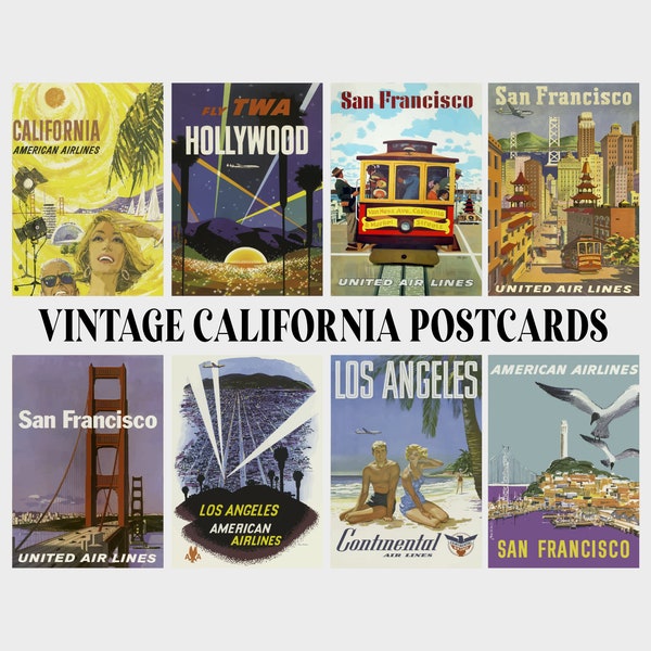 Set of 10 Vintage California Postcards Download Mini Print Set | Printable, A6 | Collage, Wall Art, Los Angeles, San Francisco, Hollywood