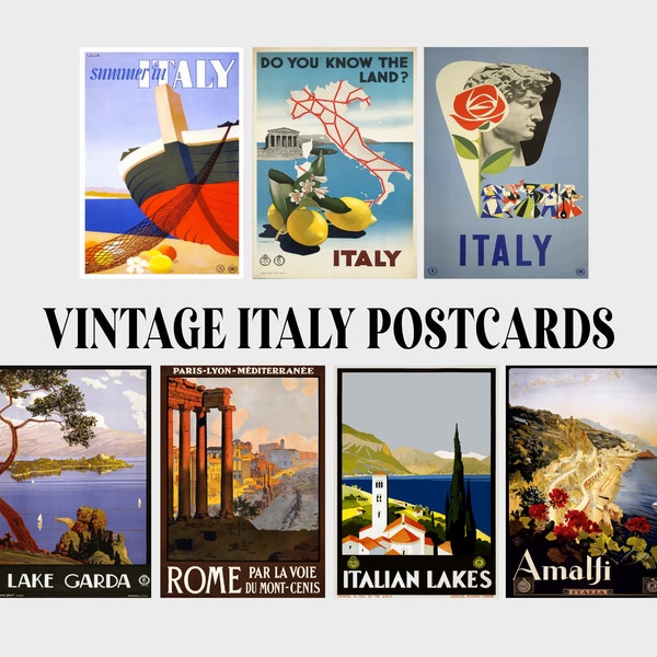 Set of 7 Vintage Italy Postcards Digital Download Mini Print Set | Printable, A6 | Collage, Travel, Art, Amalfi, Summer, Aesthetic, Rome