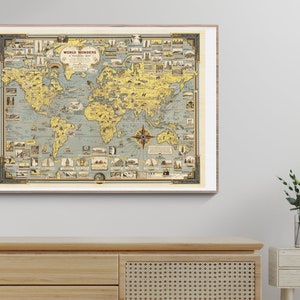 Mapa pictórico vintage del mundo Descarga digital Impresión / Imprimible / Wanderlust, Estética, Viajes, Arte de pared, Póster, Múltiples tamaños