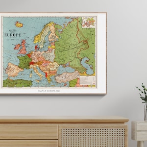 carte vintage de l'Europe Digital Download Print | Imprimable | 1923, Wanderlust, Esthétique, Voyage, Histoire, Art mural, Affiche, Plusieurs tailles