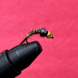 Mosca caddis con cabeza de cuentas de latón y cola de faisán, tamaño 12