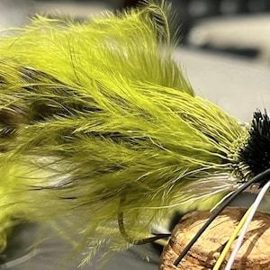May include: A green and black fly fishing lure with a yellow eye. The lure is tied with feathers and fur.