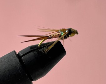 May include: A close-up of a fly fishing lure with a copper wire body, brown feathers, and a green iridescent head.