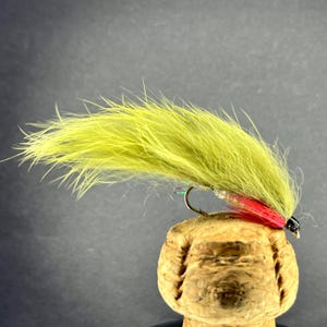 Może przedstawiać: Ręcznie wykonana mucha wędkarska z zakrzywionym haczykiem. Mucha ma żywy, jasnozielony pióropusz, czerwony pasek i czarną główkę. Jest zamontowana na korku, prezentując szczegółowy design muchy.