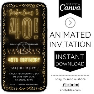 Digital 40 and Fabulous 40th Birthday Invitation Leopard Print Gold Neon Personalized Sign Electronic Editable Canva Template Animated Video