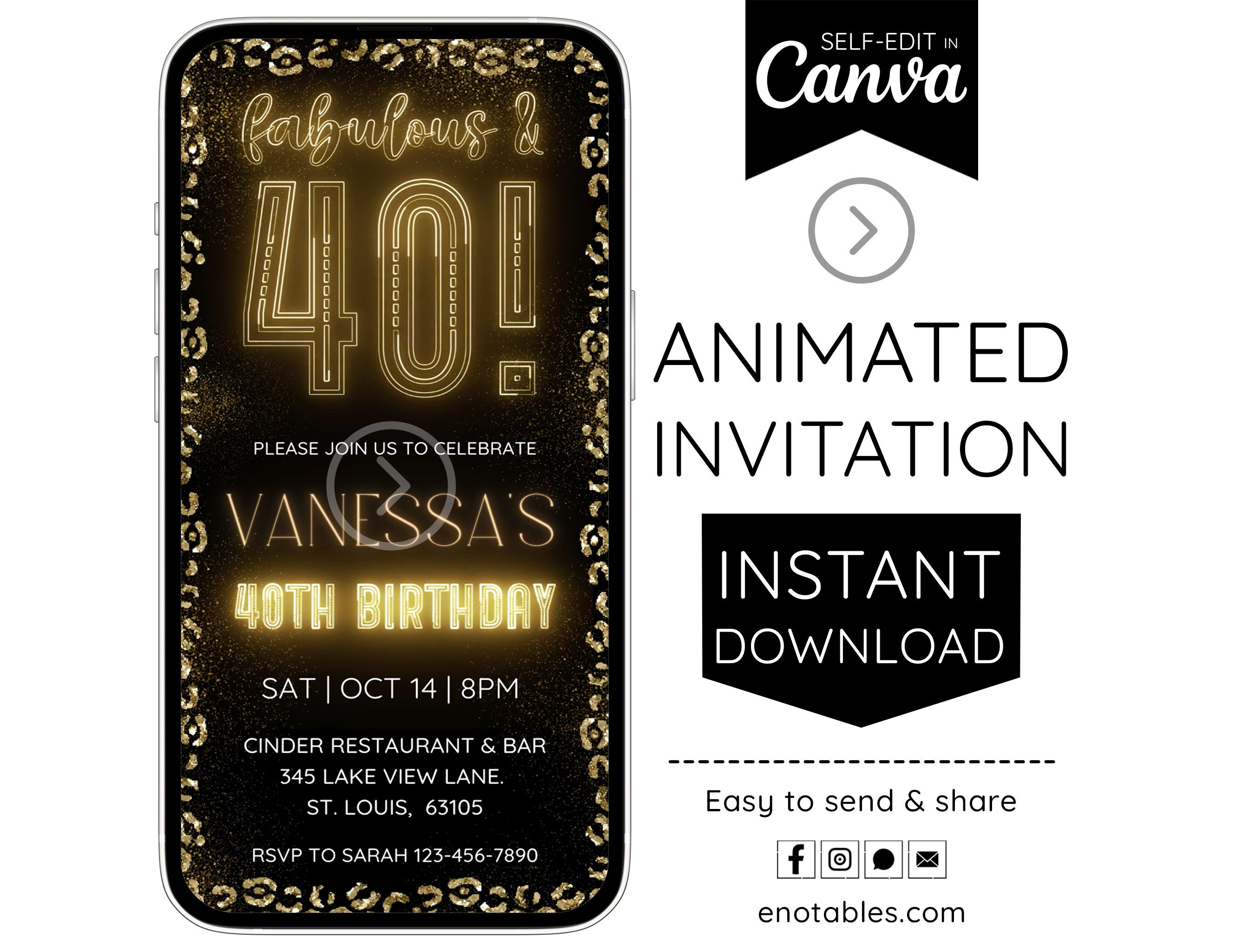 Digital 40 and Fabulous 40th Birthday Invitation Leopard Print Gold Neon Personalized Sign Electronic Editable Canva Template Animated Video