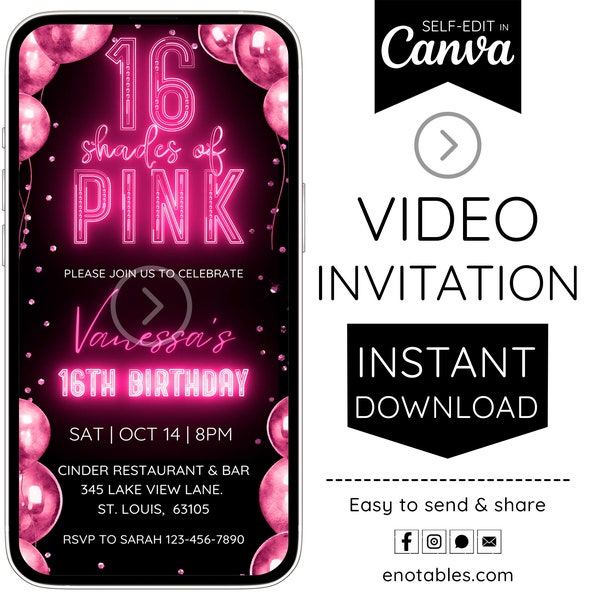 Sweet 16 Shades of Pink Birthday Party Invitation Digital Neon Hot Pink Sign Her Girly Feminine Editable Canva Template Animated Video