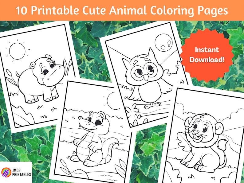 10 Cute Animal Coloring Pages For Kids Printable Volume 1, Animal Colouring Page, Instant Digital Download image 4