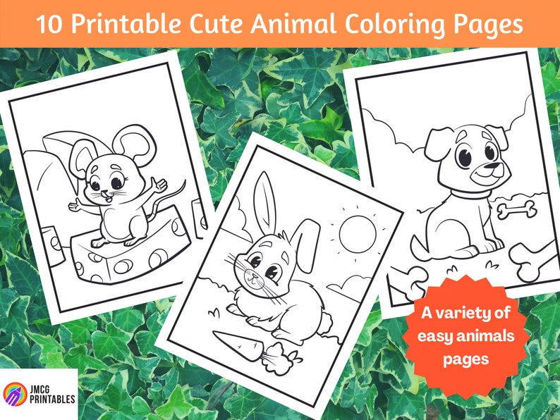 10 Cute Animal Coloring Pages For Kids Printable Volume 1, Animal Colouring Page, Instant Digital Download image 3