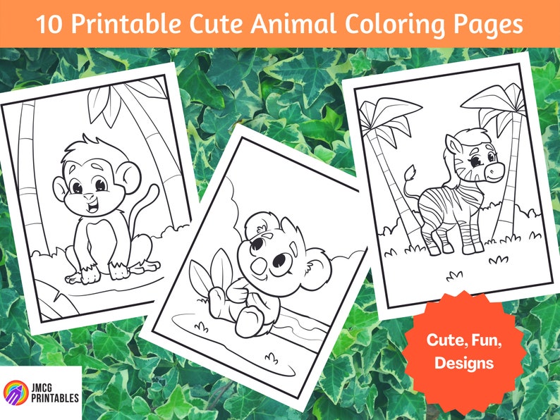 10 Cute Animal Coloring Pages For Kids Printable Volume 1, Animal Colouring Page, Instant Digital Download image 2