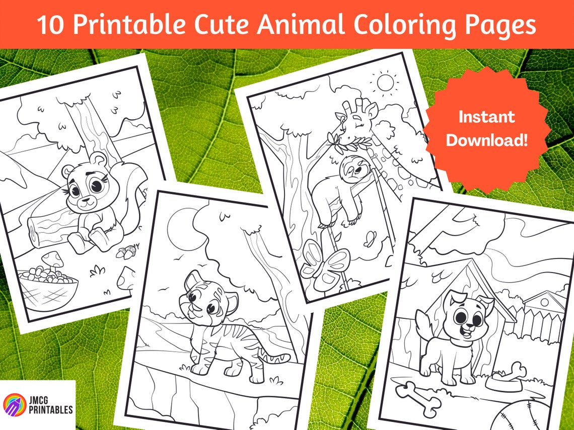 10 Cute Animal Coloring Pages for Kids Printable - Volume 2, Digital ...