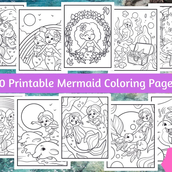 10 Beautiful Mermaid Coloring Pages For Kids - Volume 2, Mermaid Colouring Pages Printable, Instant Digital Download!