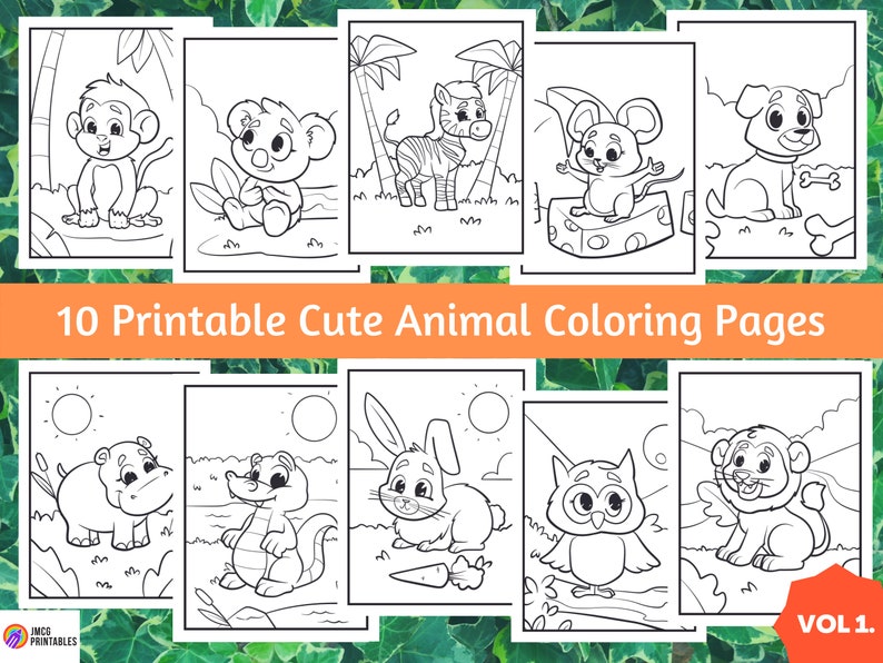 10 Cute Animal Coloring Pages For Kids Printable Volume 1, Animal Colouring Page, Instant Digital Download image 1