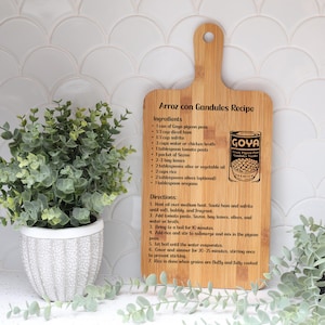 Puerto Rican Recipe Cutting Board – Arroz con Gandules – Laser Engraved Bamboo – Goya Can Design