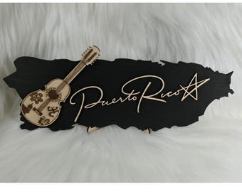 Orgullo Boricua y Arte Musical – Guitarra de Madera + Mapa de Puerto Rico con Bases Boricua • Borikén