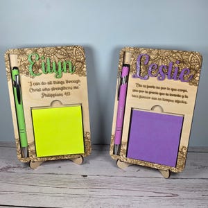Custom Sticky Note Holder with Engraved Pen | Wood Desk Organizer | Flowers & Butterflies | Scripture or Quote, God, Christian, Religious