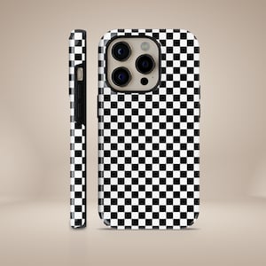 Checkered Tough Phone Case, Black White Retro Check Pattern Cover for iPhone 15, 14, 13, Google Pixel 8 Pro, 7A Samsung Galaxy S24, S23, S22