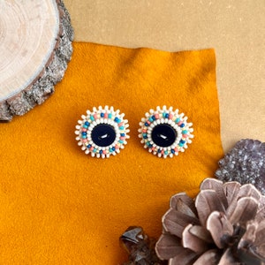 Beaded Multicoloured Navy Button Stud Earrings, Indigenous Made Seed Bead Earrings