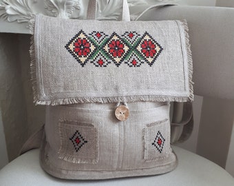 Hand-embroidered linen backpack, linen bag, creative bag, handmade backpack, women's bag, shoulder bag, backpack, cross stitch bag