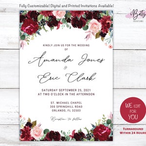 Red Burgundy Roses Wedding Invitation Flowers Digital and Prints