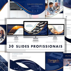 Pode incluir: Um conjunto de slides de apresentação profissionais em azul escuro e dourado. Os slides apresentam texto em português, incluindo "30 Slides Profissionais" e "O Mundo Empresarial". O design incorpora linhas curvas e imagens de profissionais.