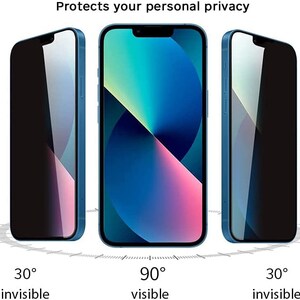 以下が含まれることがあります： プライバシー保護スクリーン保護フィルムを装着したスマートフォンの画像が3枚あります。正面から見ると画面は表示されますが、左右30度から見ると黒くなります。画像の上部には「Protects your personal privacy」というテキストが表示されています。