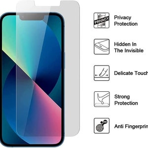 以下が含まれることがあります： 青と紫のグラデーションの背景を持つスマートフォン用の透明な画面保護フィルム。画面保護フィルムは、スマートフォンを傷や指紋から保護するように設計されています。画像には、「プライバシー保護」、「目に見えないものの中に隠された」、「繊細なタッチ」、「強力な保護」、「指紋防止」というテキストも含まれています。