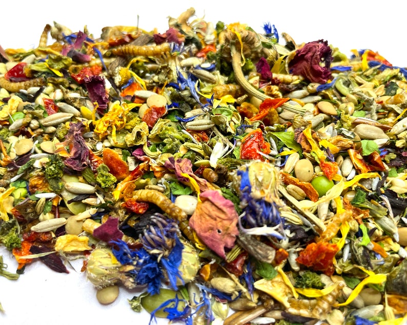 Pu&ograve; includere: Un mix colorato di fiori secchi, semi e altri ingredienti per la dieta di un animale domestico. Il mix comprende ingredienti rossi, arancioni, gialli, verdi, blu e bianchi.