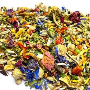 Puede incluir: Una mezcla colorida de flores secas, semillas y otros ingredientes para la dieta de una mascota. La mezcla incluye ingredientes rojos, naranjas, amarillos, verdes, azules y blancos.