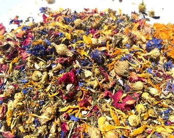 May include: A mix of dried flowers and herbs, including yellow, orange, red, blue, and green petals. The mix is perfect for crafting or adding a natural touch to your home.