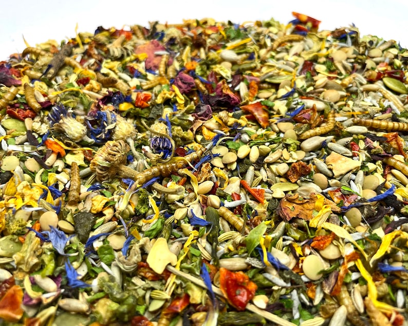 Puede incluir: Primer plano de una mezcla de hierbas, semillas y flores secas. La mezcla incluye p&eacute;talos secos, lentejas, semillas de girasol y otros ingredientes.