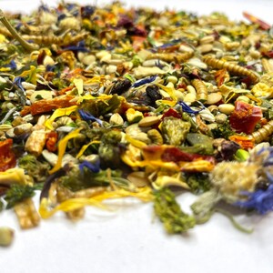 Puede incluir: Primer plano de una mezcla de hierbas, semillas y flores secas. La mezcla incluye hojuelas de pimiento rojo, p&eacute;talos de flores amarillas y hierbas verdes.