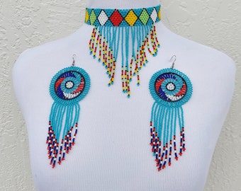 Beaded Zulu Jewelry set. Earrings, tassel choker and beaded glove